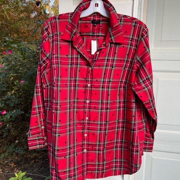 NWT Talbots Pretty Red Multicolored Plaid Black Polka Dot Long Sleeve Blouse - Picture 6 of 6